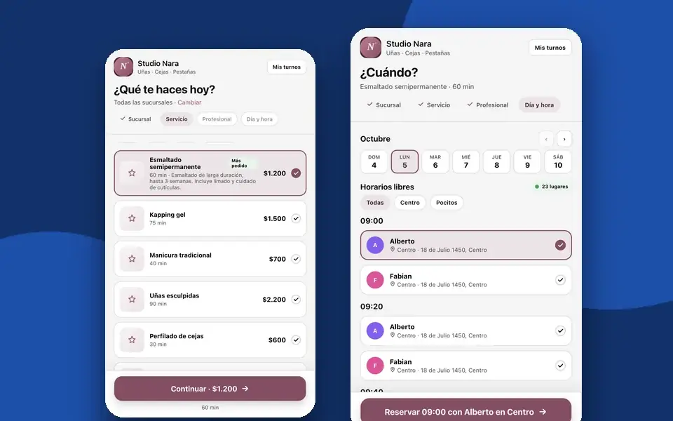 Pantallas de Turnalo Ya!: el cliente elige servicio, día y hora para reservar su turno