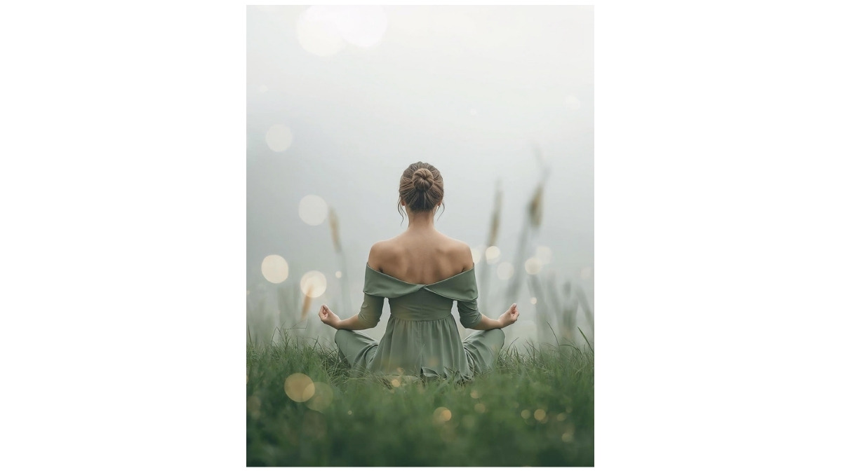 Mujer meditando de espaldas en un campo con niebla