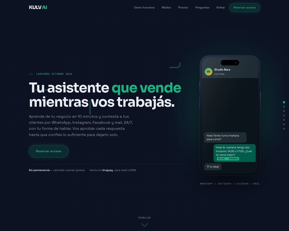 Kulvai, ejemplo de web animada a pantalla completa para un asistente de ventas con IA
