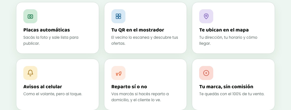 Funciones de Oferca: placas automáticas, QR en el mostrador, mapa, avisos al celular, reparto y marca propia