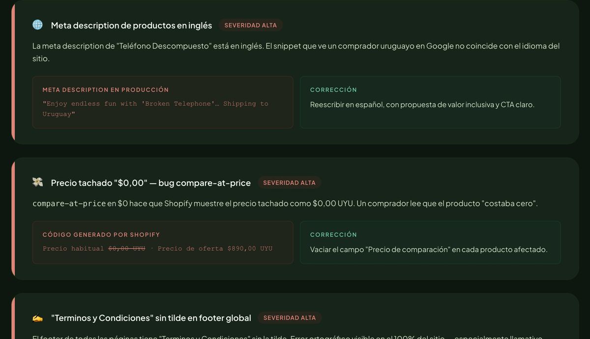 Captura de la auditoría UX de Chinela