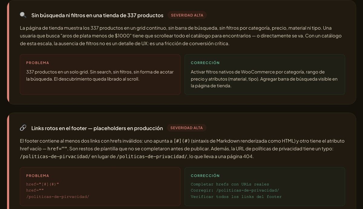 Captura de la auditoría UX de Hera