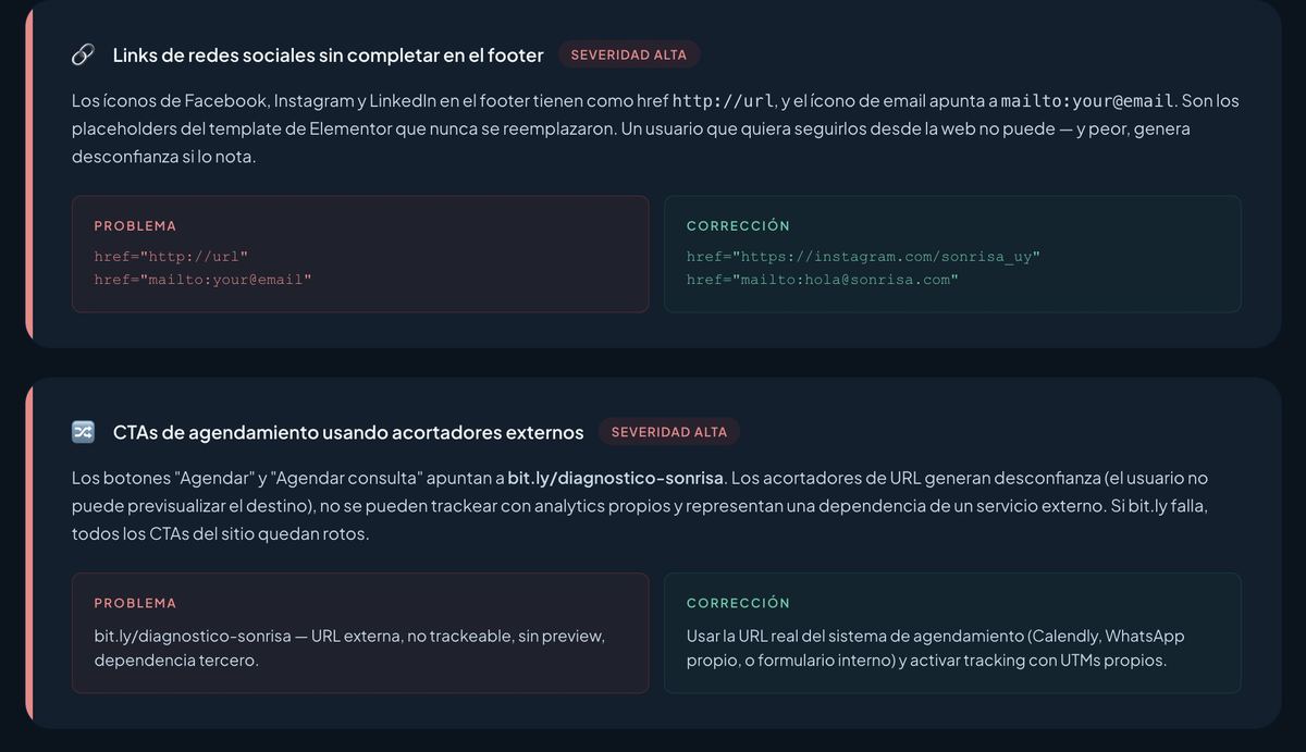 Captura de la auditoría UX de Sonrisa